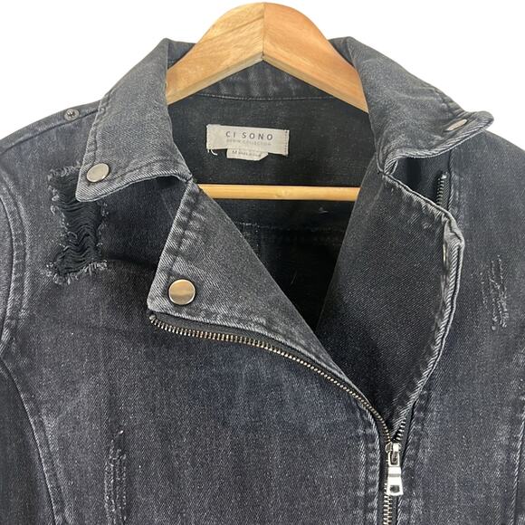 Ci Sono Jacket Womens M Black Moto Denim Biker Distressed Crop Rocker Grunge Y2K - Picture 3 of 6
